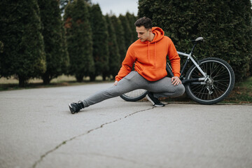 Active young adult preparing for a bike ride, stretching in a park with overcast weather.