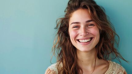 Naklejka premium A woman with long brown hair is smiling and looking at the camera