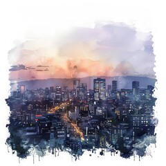 In this watercolor painting, a panoramic view of a bustling cityscape at twilight, Clipart minimal watercolor isolated on white background