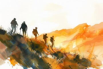 In this watercolor painting, a group of friends enjoy a sunset hike on a mountain trail, Clipart minimal watercolor isolated on white background