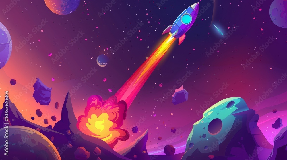 Aufkleber launch of rocket in space. cartoon illustration of a galaxy ship in the sky. a meteorite and an aste