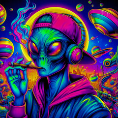 digital art vibrant colorful psychedelic cool hiphop alien smoking a blunt