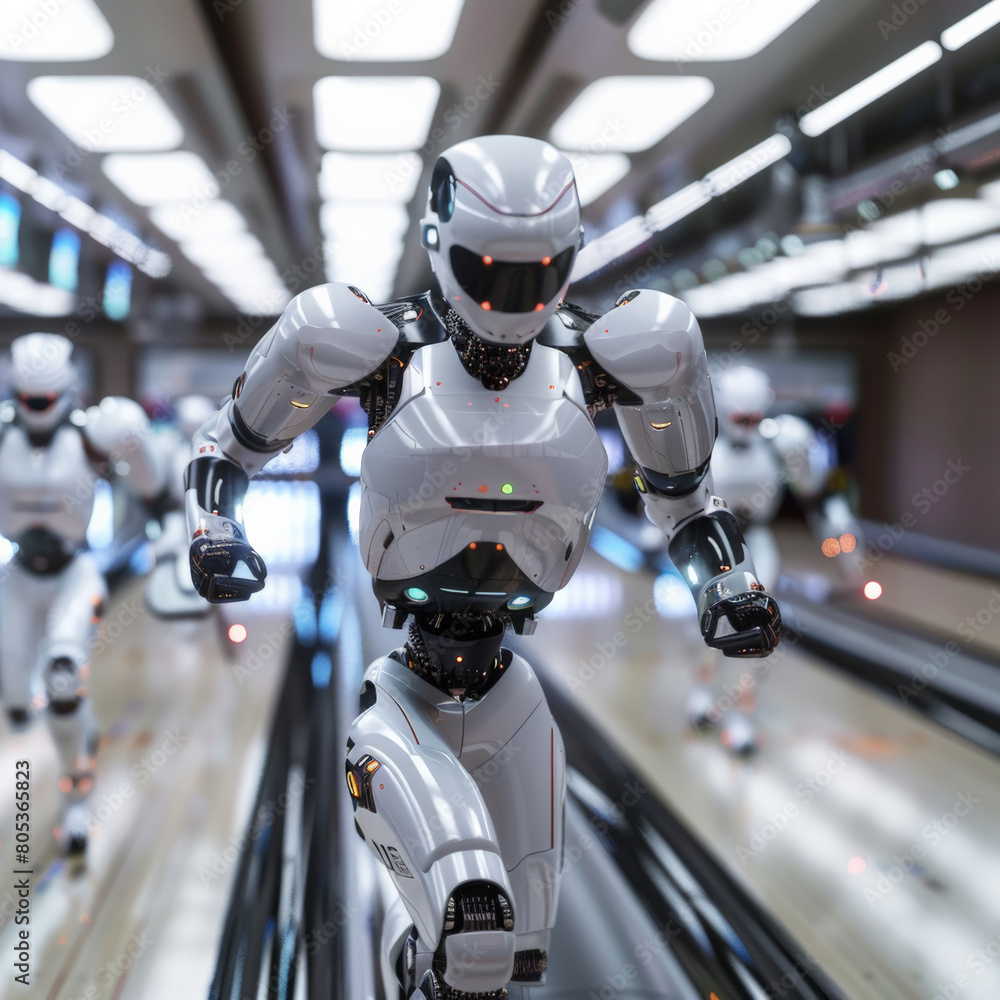 Wall mural sleek humanoid robots racing forward in futuristic corridor setting