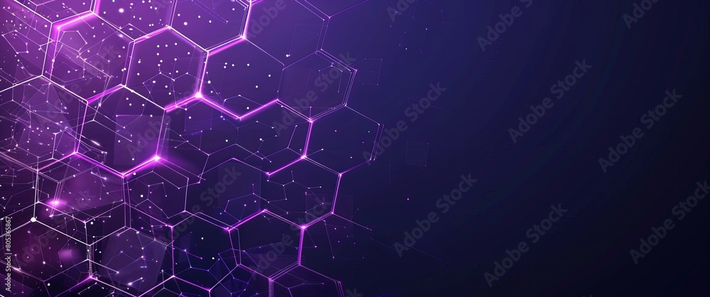 Wall mural Deep purple background with a network of interconnected hexagonal shapes with pink accents, symbolizing connectivity and data - Wall murals