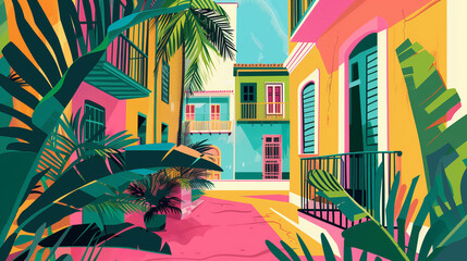 Colorful Cuba street with Palms