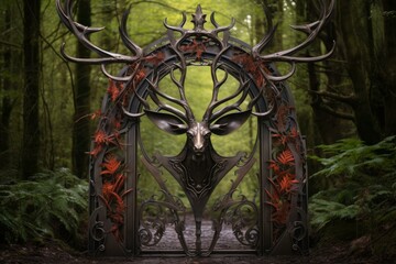 Alert Deer stag waiting gateway. Amazing background. Generate Ai