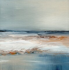 Abstract sea painting with brush strokes, impasto drawing, North sea beach and grass, contemporary art. Hand drawn art. Muted beige and blue texture oil on canvas