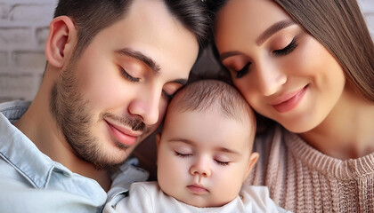 A serene portrait of parents with their happy, peaceful, and calm baby.