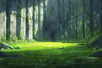 A vibrant digital painting of a lush, green forest with towering cliff walls and a serene stream, evoking a sense of adventure and tranquility in nature
