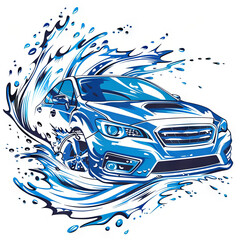car wash logo; car model with water splashes; blue and white; modern illustration.