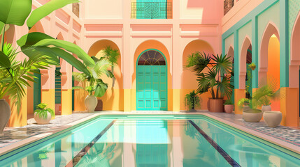 Moroccan riad (villa in Morocco) with pool in pink and green color