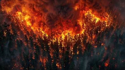 The forest fire burns through the trees, leaving a path of destruction in its wake