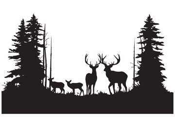 Vector forest and deer family silhouette