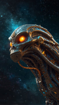 a strange space alien creature, with a golden metallic color and crystal elements 06