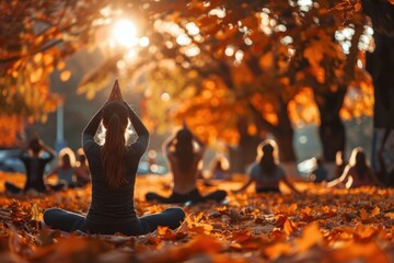 Women engage in group yoga amidst the vibrant colors of autumn foliage