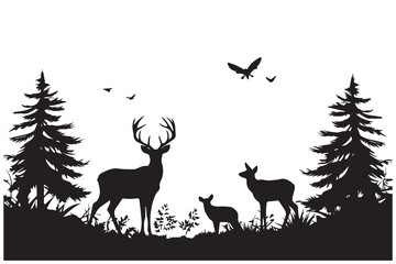Vector forest and deer family silhouette