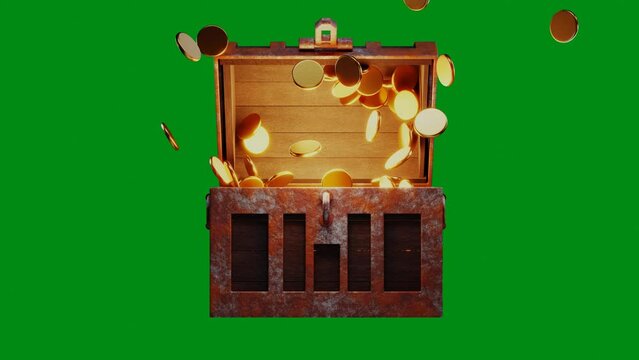Open treasure box gold coin flying out front view on green screen 3D rendering