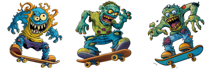 Obraz premium set of four cartoon monsters on skateboards, showcasing dynamic poses and expressions on transparent background, Perfect for children's graphics, merchandise, and digital art