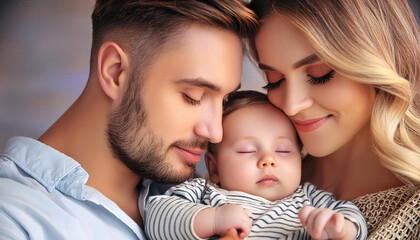 A serene portrait of parents with their happy, peaceful, and calm baby