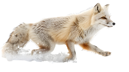 White fox in snow isolated on a transparent background, PNG, Ai, High Quality 