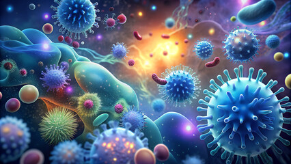 abstract microbiology background with biota, microbes and cells. vibrant hue. cinematic glowing effect.