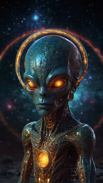 a strange space alien creature, with a golden metallic color and crystal elements 07