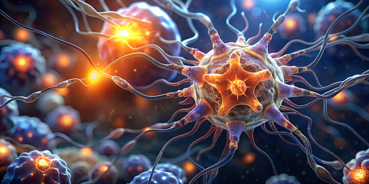 abstract scientific background with cells net. large horizontal science illustration. vibrant hues and cinematic glowing style.