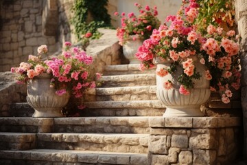 Ancient Stairs candles flowers stone. Light party. Generate Ai