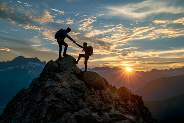 "Hiker Helping Friend Reach the Mountain Top - Inspirational Teamwork Vector Image"