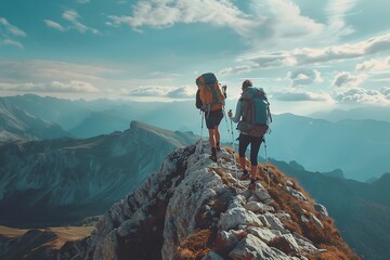 Hiker Assisting Friend to Reach Mountain Summit - Inspiring Teamwork and Achievement Vector