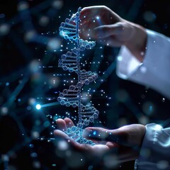 Abstract luminous DNA molecule Hand of doctor touching and cut dna for checking with analysis chromosome DNA genetic of human on virtual interface Medicine
