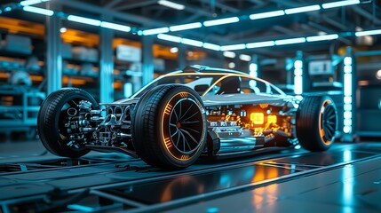 Obraz premium Futuristic Electric Sport Car Chassis with Battery Packs - High Performance EV Prototype