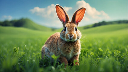 A brown rabbit is sitting in a green grassy field 
