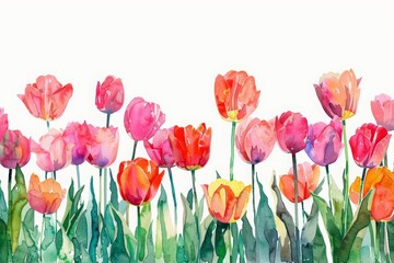 Fototapeta premium This watercolor painting captures a vibrant tulip field under a clear spring sky, Clipart minimal watercolor isolated on white background