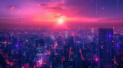 Bright glowing purple night city texture with digital data lines all over. Smart city, VR, AI and innovation concept. Double exposure.