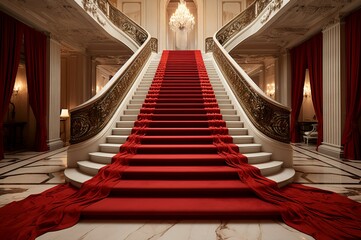 Grand Marble stairs red carpet indoor. Palace luxury interior party design. Generate Ai