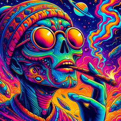 digital art vibrant colorful psychedelic cool hiphop alien smoking a blunt