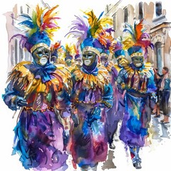 Fototapeta premium This watercolor painting features a lively Mardi Gras parade with elaborate costumes and masks, Clipart minimal watercolor isolated on white background