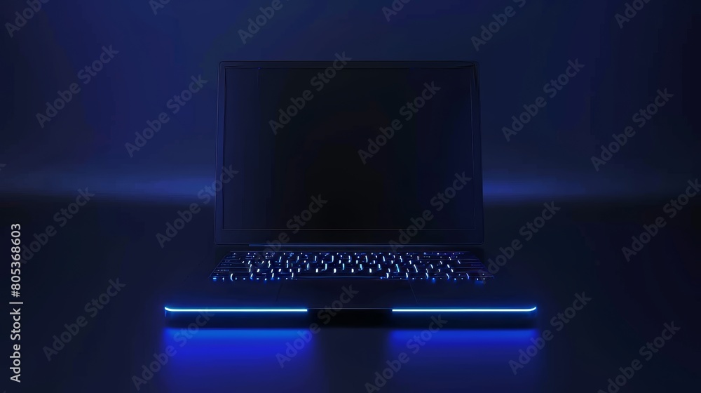 Poster this modern realistic mockup shows a laptop computer with a blue backlit keyboard and blank screen f
