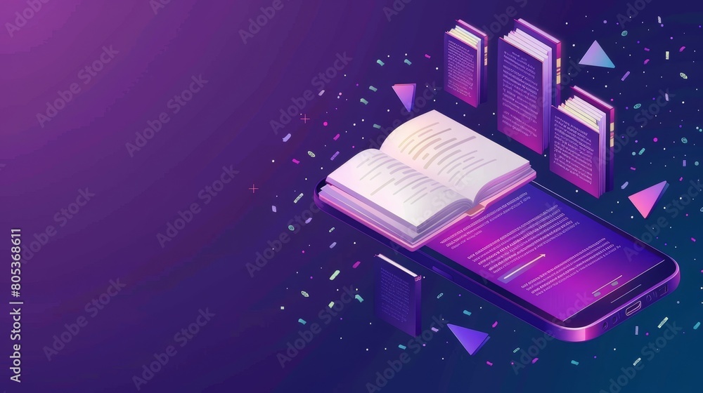 Poster mobile phone screen with open book on violet background, landing web page for language courses or on