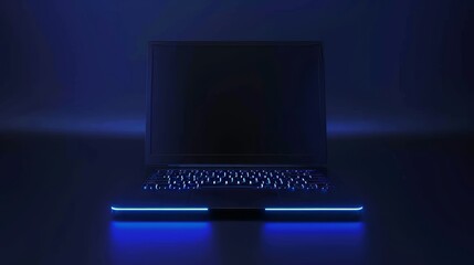This modern realistic mockup shows a laptop computer with a blue backlit keyboard and blank screen from all angles.