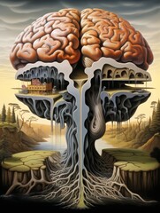 Surrealist Brain Illustration with Unique Landscapes