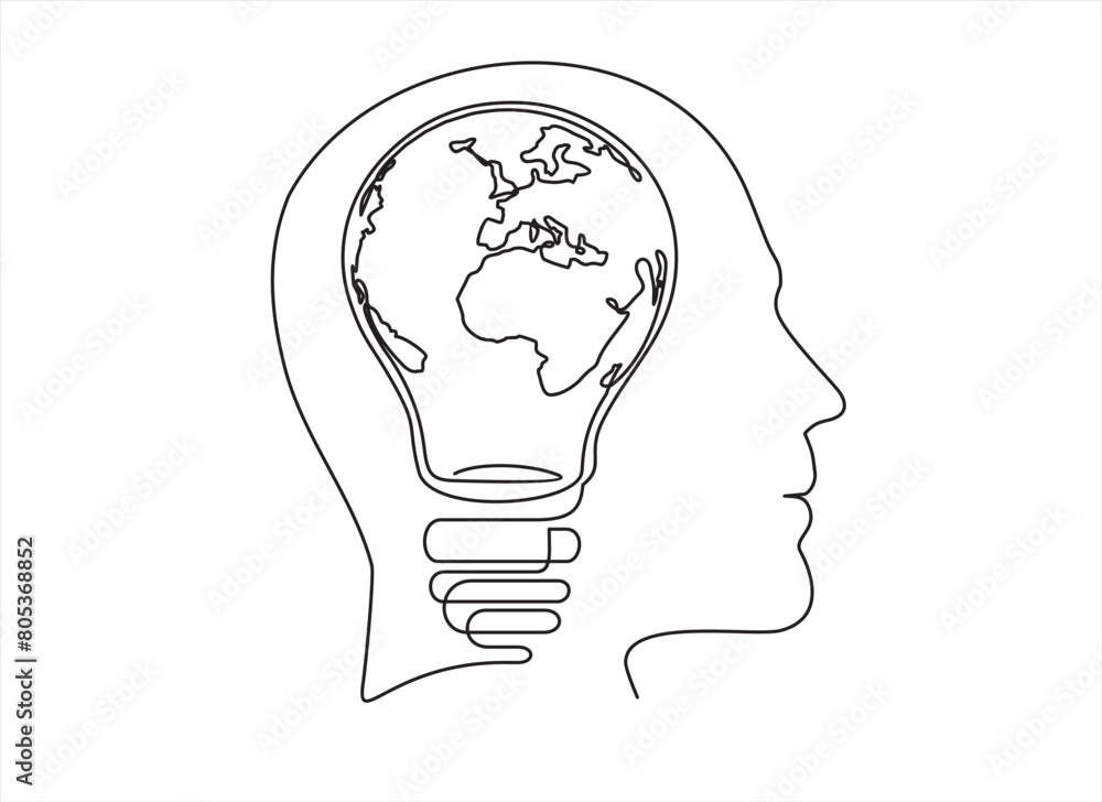 Aufkleber earth globe inside lightbulb thoughts in a man's head in one continuous line drawing. vector concept