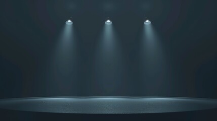 An empty studio room backdrop with spotlights lit by glowing beams falling upon the floor, a grey gradient background with spotlight illumination, a stage setup for a product presentation, a