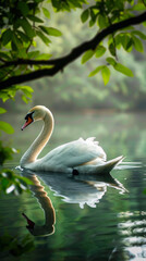 An image showcasing the serene beauty of a swan gliding across a tranquil lake, the green banks framing the scene, reflecting the elegance 