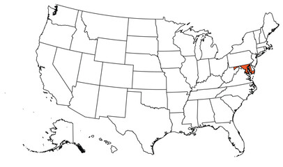 The outline of the US map with state borders. The US state of Maryland