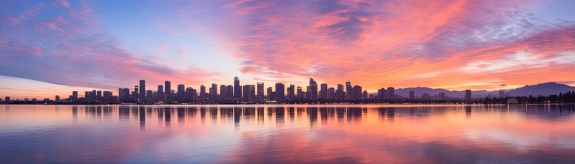Symmetrical sunrise illuminating both a tranquil natural setting and a bustling cityscape, exploring the theme of exposure to light and life