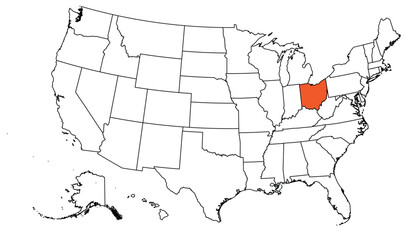 The outline of the US map with state borders. The US state of Ohio