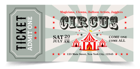 Vintage circus ticket vector illustration. admit one coupon mention, Retro magic show invitation © GraphicStudio