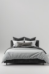 Minimalistic Bed with Warm White Bedding on White Background
